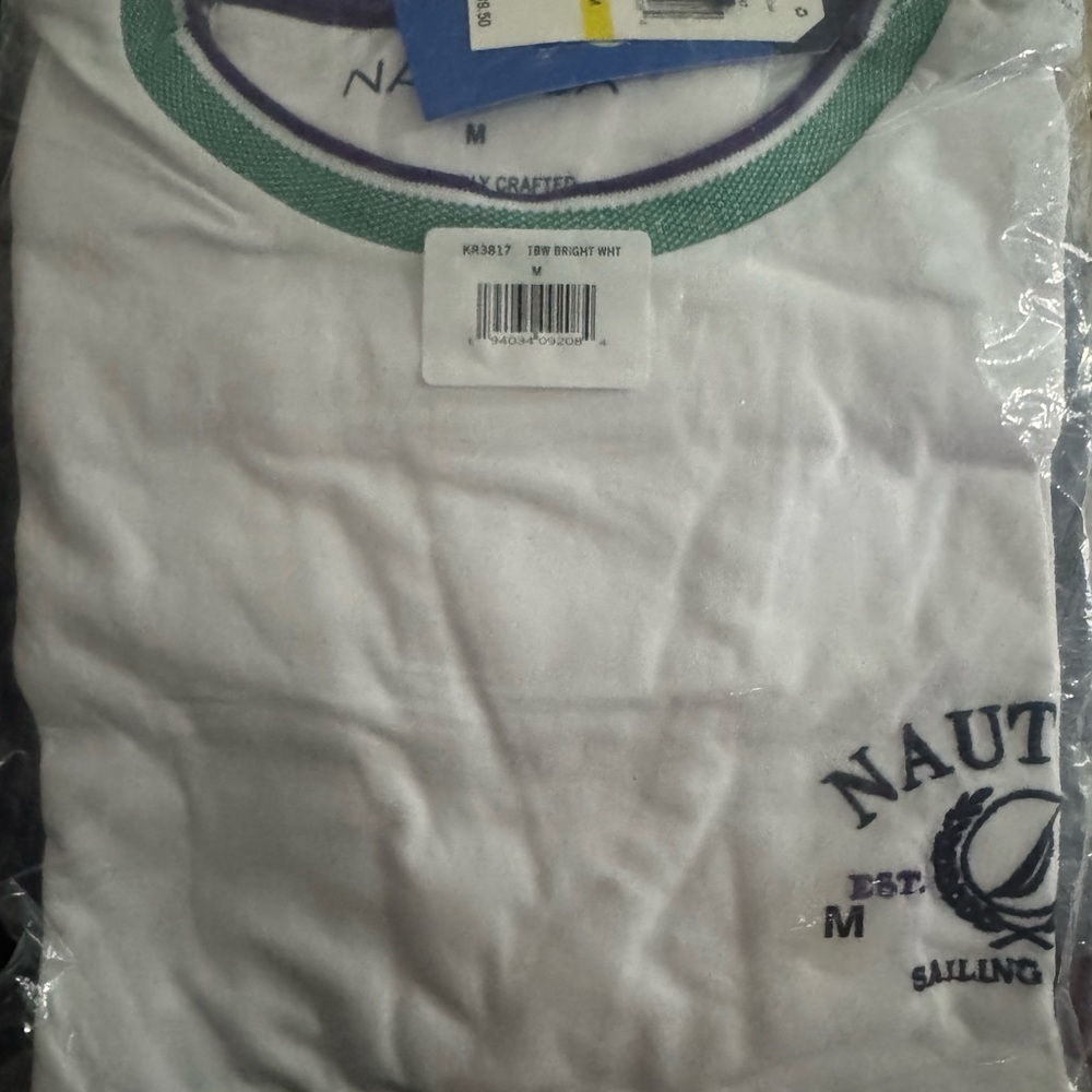 Nautica White Tee with Green and dark navy blue trim